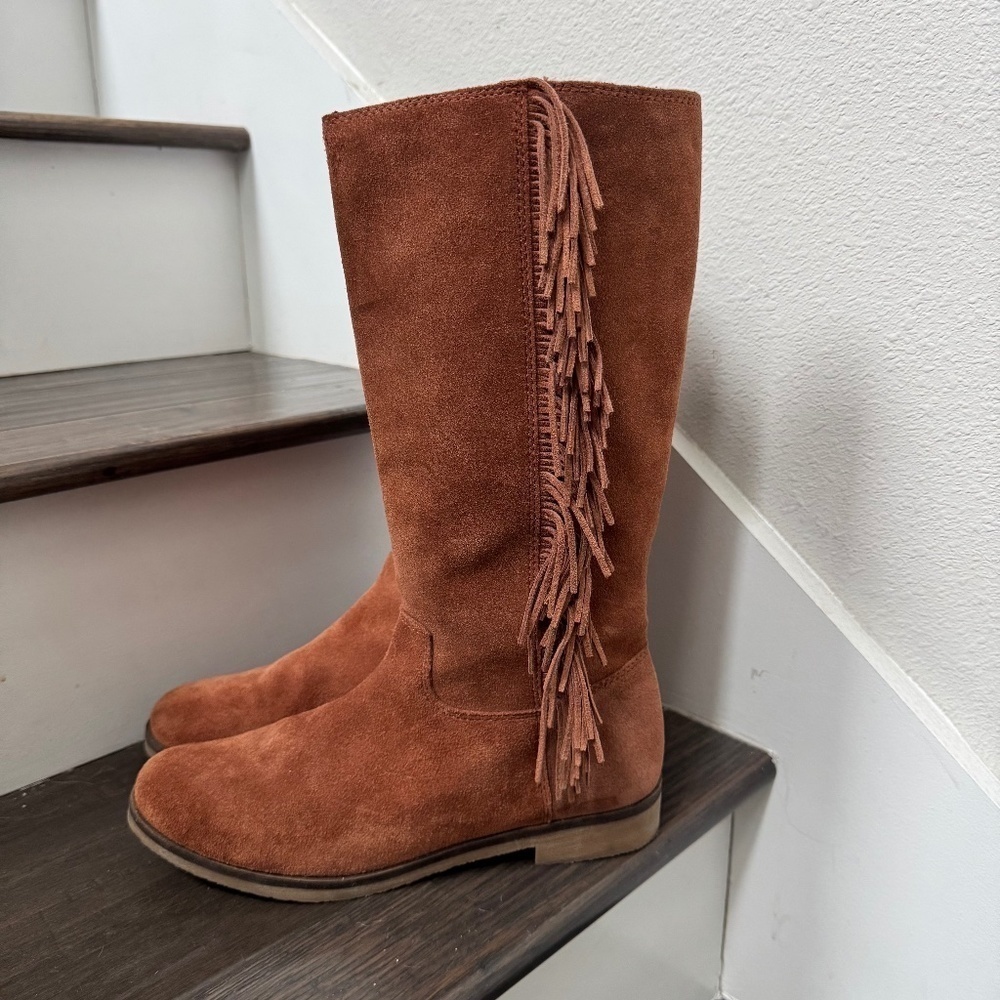 Lucky Brand Suede Fringe Brown Rodeo Campus Style Boho Leather Boots Size 8.5 - Picture 1 of 11